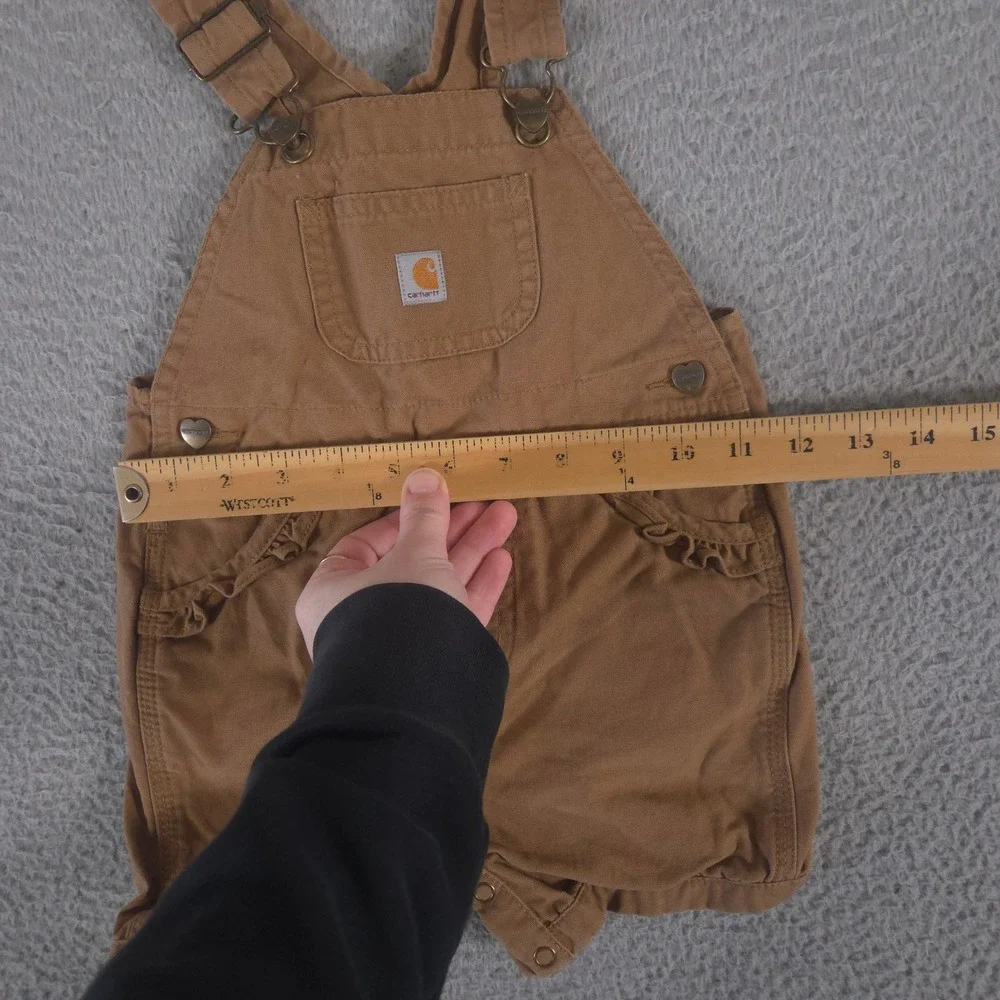 Carhartt Overalls Girls 18M Brown Canvas Bib Shortall Ruffle Trim Heart Buttons